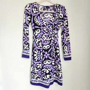 Nicole Miller Faux Wrap Tie Back Midi Dress Size 4 Purple Geometric Long Sleeve